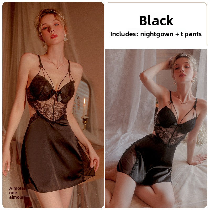 Women's Pink Satin Lace Bow Nightgown Sexy Strappy Crossover Bust Mini Slip Dress Romantic Chemise Sleepwear