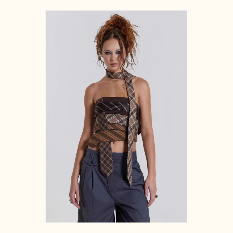 Brown Plaid Necktie Patchwork Crop Top | Y2K Upcycled Tie Bandeau | Women's Avant Garde Halter Corset Top