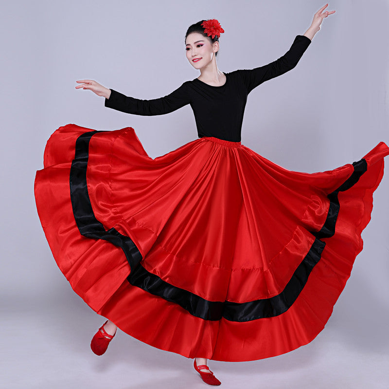Flamenco Dance Skirt | Spanish Ballroom Swing Skirt | Red & Black Satin Ruffle Maxi Skirt | Performance Costume for Women