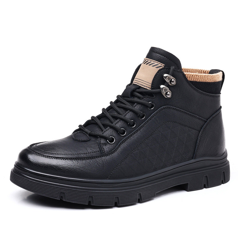 Men's Black High Top Leather Boots | Quilted Lace Up Ankle Boot Chunky Sole | Winter Casual Outdoor Fashion Boot
