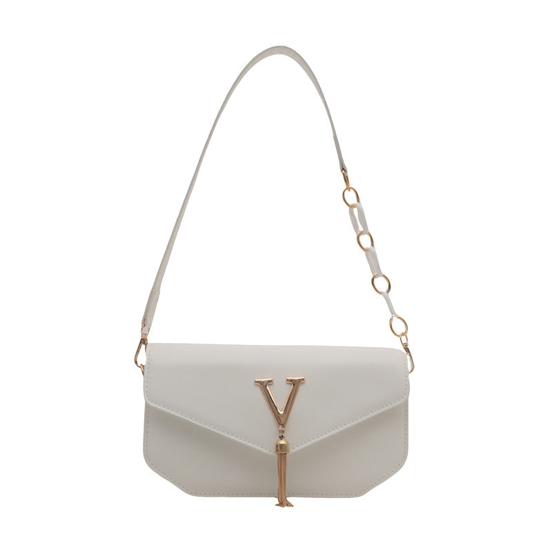 White Leather Shoulder Bag with V Logo - Envelope Flap Crossbody with Chain & Tassel Detail | Designer Inspired Handbag
