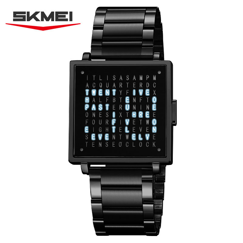 SKMEI Word Clock Watch | Unique Text Display Square Dial Leather Strap | Creative Novelty Quartz Watch for Men & Women