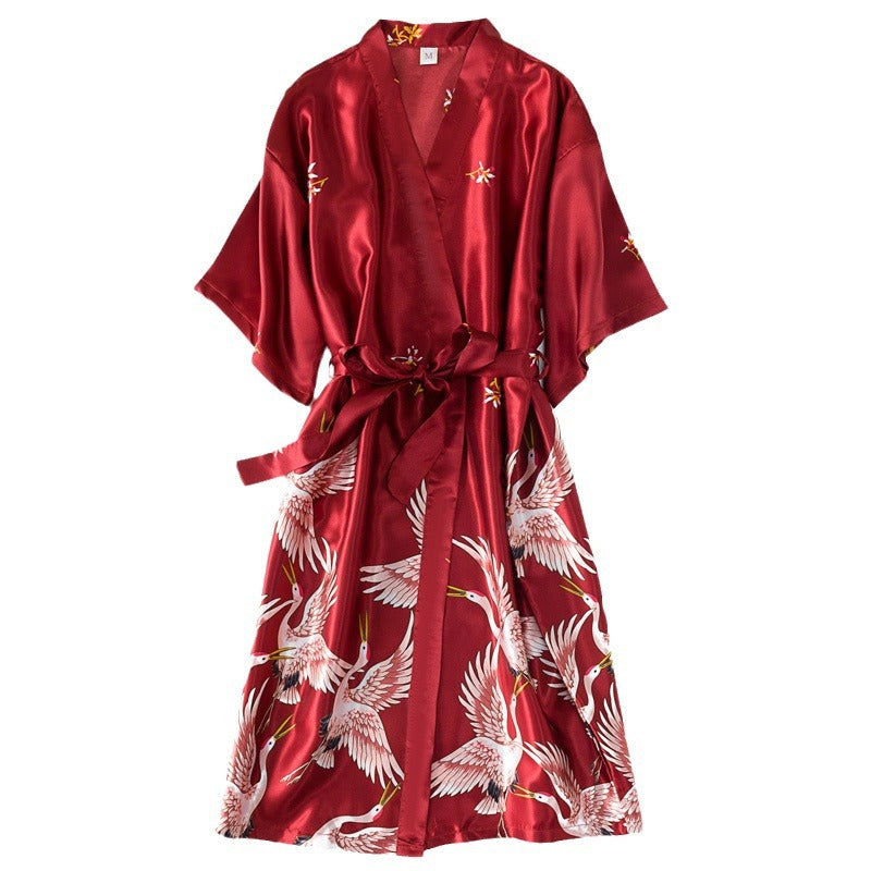 Navy Blue Satin Kimono Robe Women | Crane Print Silk-Feel Belted Robe | Luxury Sleepwear Loungewear Gift