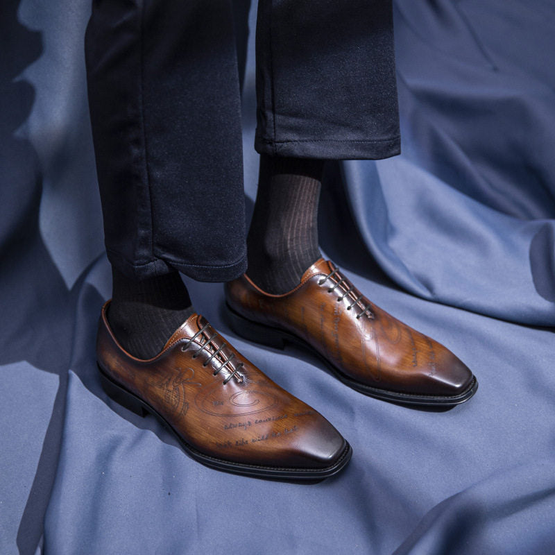 A.N.M.Bullock Men's Cognac Brown Script Engraved Oxford Dress Shoes | Luxury Square Toe Leather Lace-Up Formal Shoes