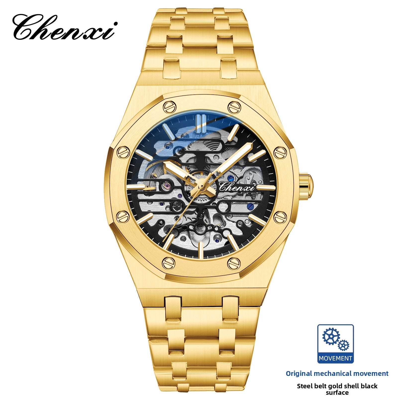 Chenxi Men's Skeleton Mechanical Watch | Royal Oak Style Octagonal Screw Bezel Blue Accent | Silver Stainless Steel Bracelet Luxury Timepiece