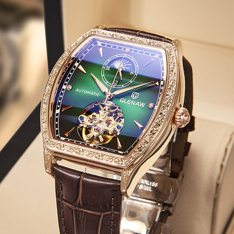 Glenaw Automatic Tourbillon Watch | Green Gradient Dial Rose Gold Diamond Bezel | Tonneau Case Leather Strap Men's Watch