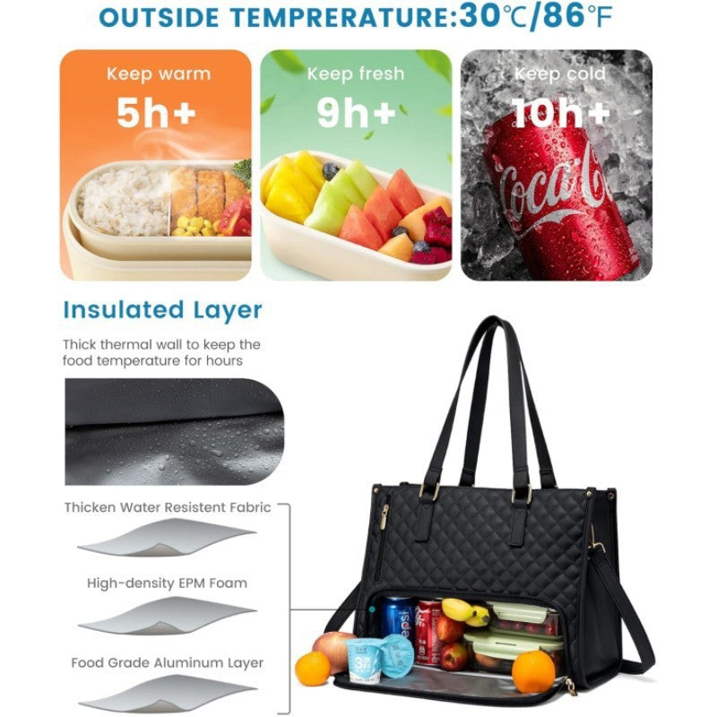 Black Quilted Insulated Lunch Tote Bag with Pouch | Large Thermal Cooler Handbag for Women | Work & Picnic Bag