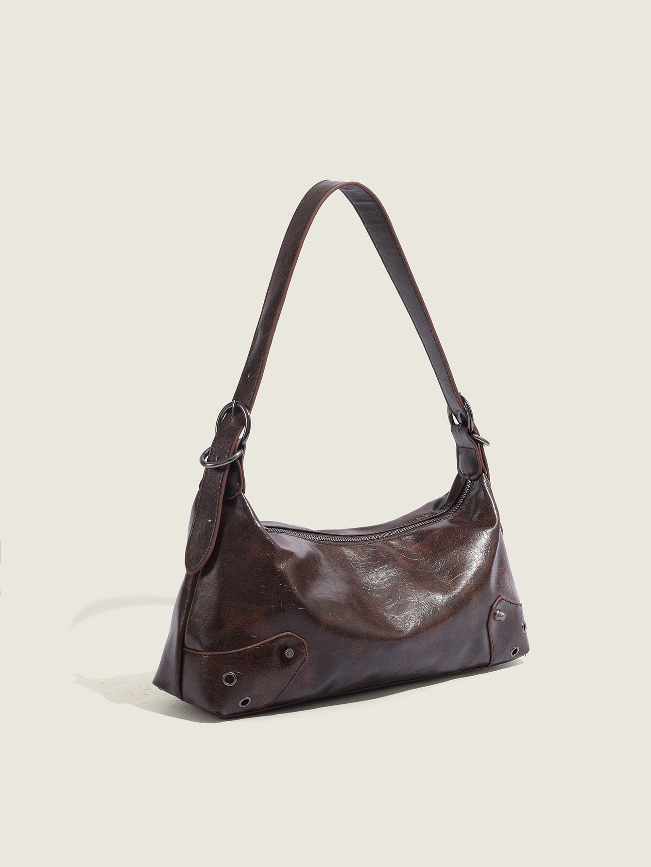 Brown Distressed Leather Shoulder Bag - Vintage Y2K Hobo Bag with Studded Details | Crescent Shaped Crossbody with Buckle Strap