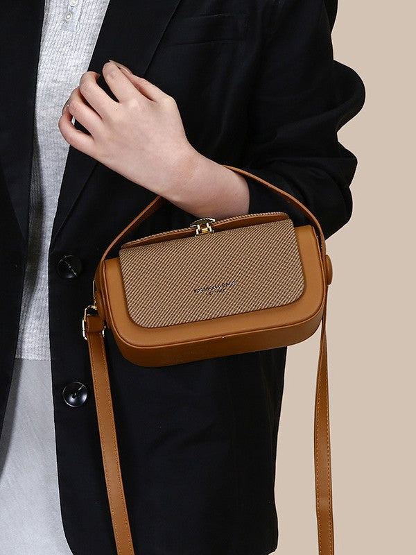 Black Structured Crossbody Bag with Gold Fan Clasp | Woven Texture Top Handle Shoulder Purse