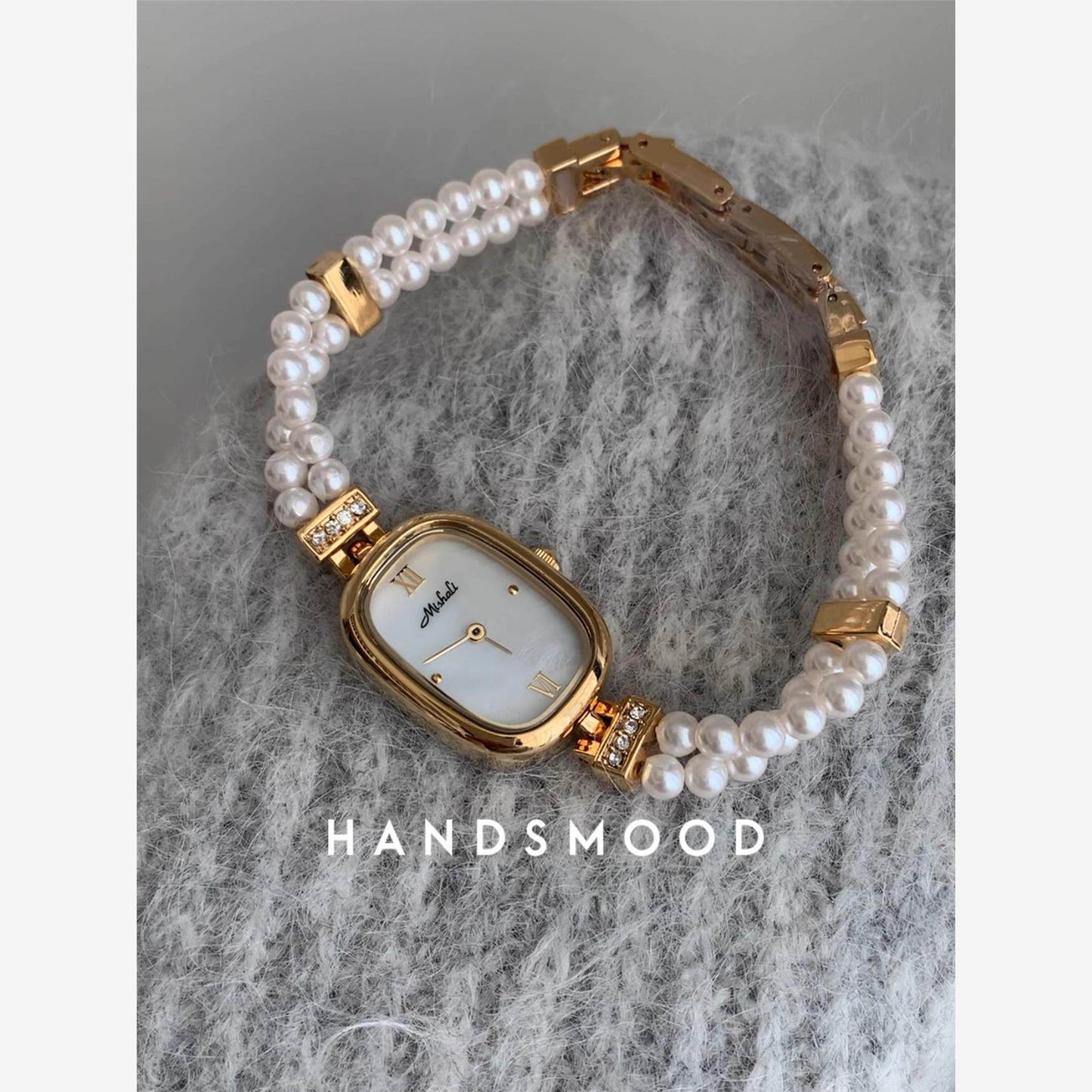Women's Pearl Bracelet Watch | Double Strand Pearl Gold Crystal Clasp Mother of Pearl Roman Numeral Dial | Handsmood Elegant Jewelry Watch