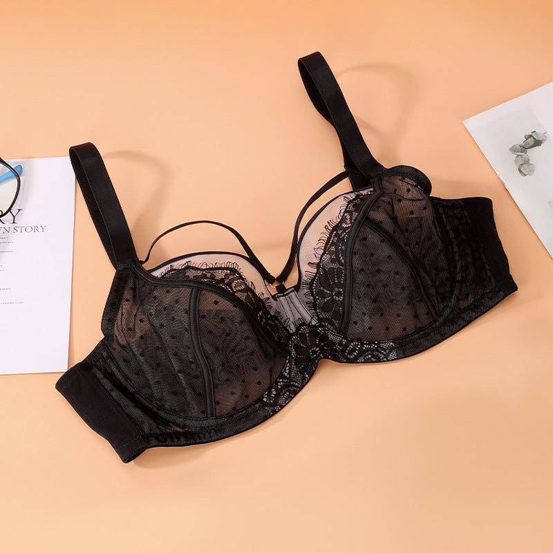 Plus Size Women's Strappy Lace Mesh Underwire Bra | Polka Dot Sheer Cup Floral Lace Lingerie Bra