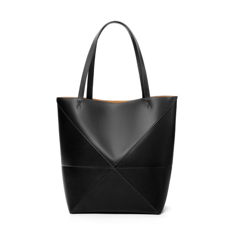 Black Leather Tote Bag - Minimalist Geometric Panel Shoulder Bag | Women's Large Capacity Work Shopping Tote