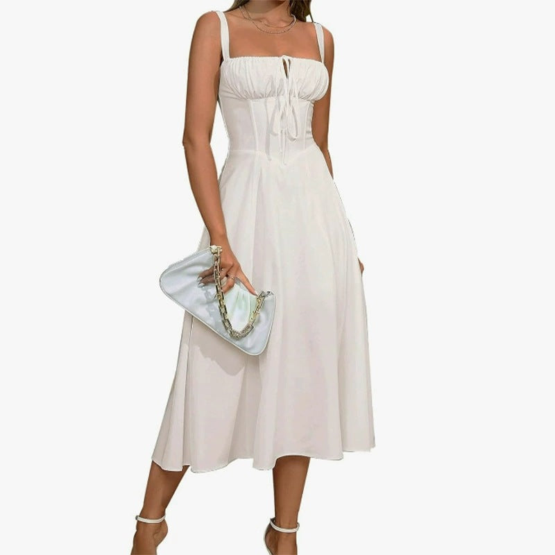 Women's Ruched Tie-Front Midi Dress | Spaghetti Strap A-Line Swing Dress | Elegant Summer Party Dress | Multiple Colors