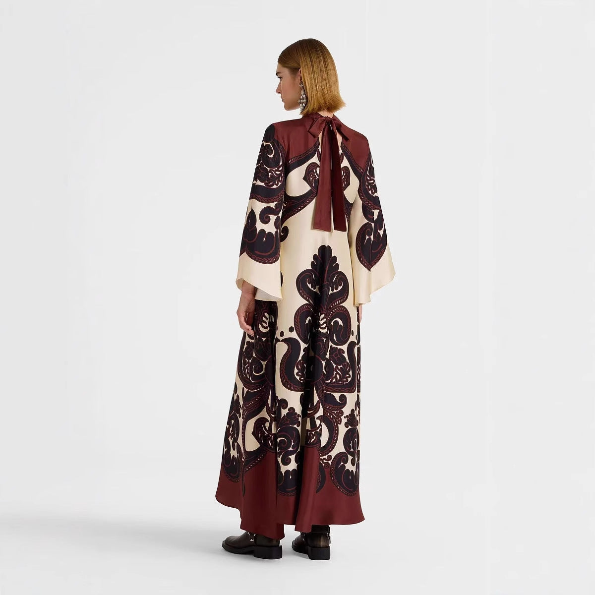 Baroque Damask Print Maxi Dress | Flared Bell Sleeves & Tie Neck | Luxury Cream Burgundy Boho Elegant Long Dress for Women