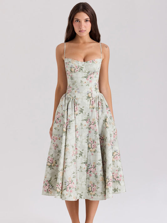 Women's Sage Green Floral Corset Midi Dress | Spaghetti Strap Sweetheart A-Line Dress | Cottagecore Garden Party Dress