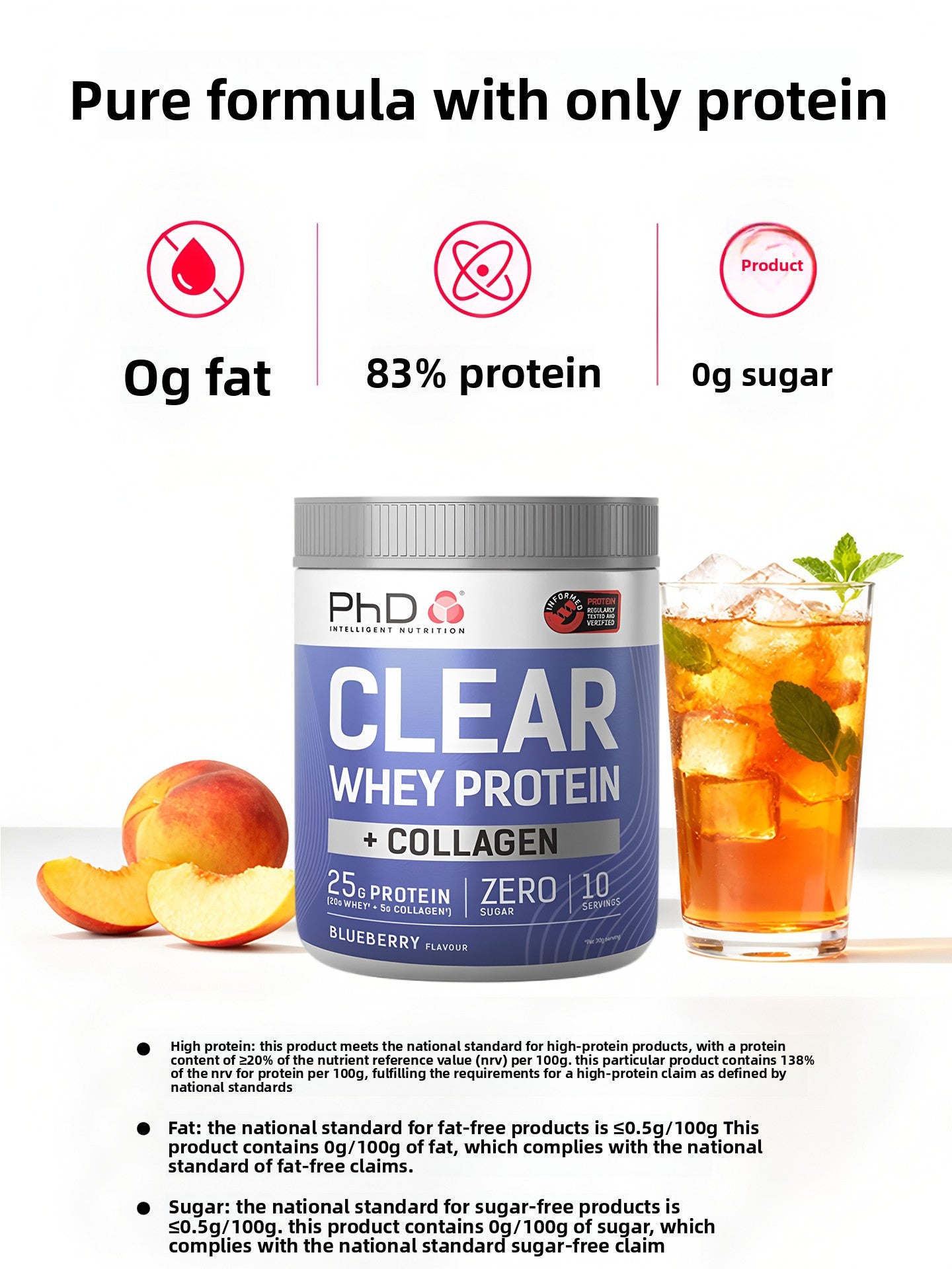 PhD Clear Whey Protein + Collagen Powder - Blueberry Flavor, 25g Protein, Zero Sugar, 10 Servings | Informed Sport Certified