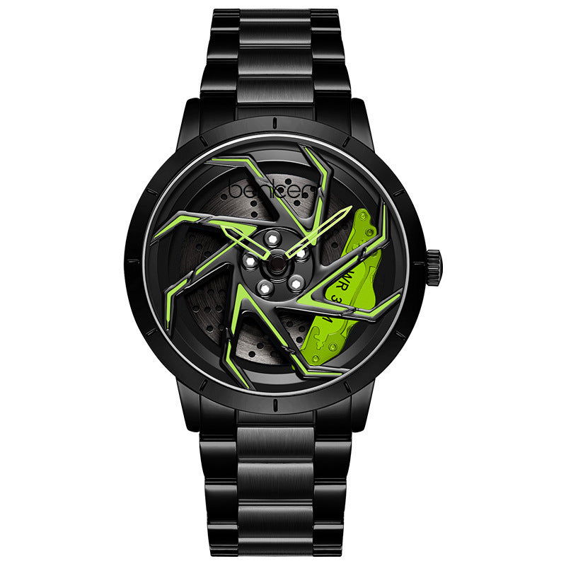 Bodeer Spinning Rim Watch Men | 3D Red Turbine Wheel Dial | Silver Stainless Steel Bracelet | Racing Car Enthusiast Watch
