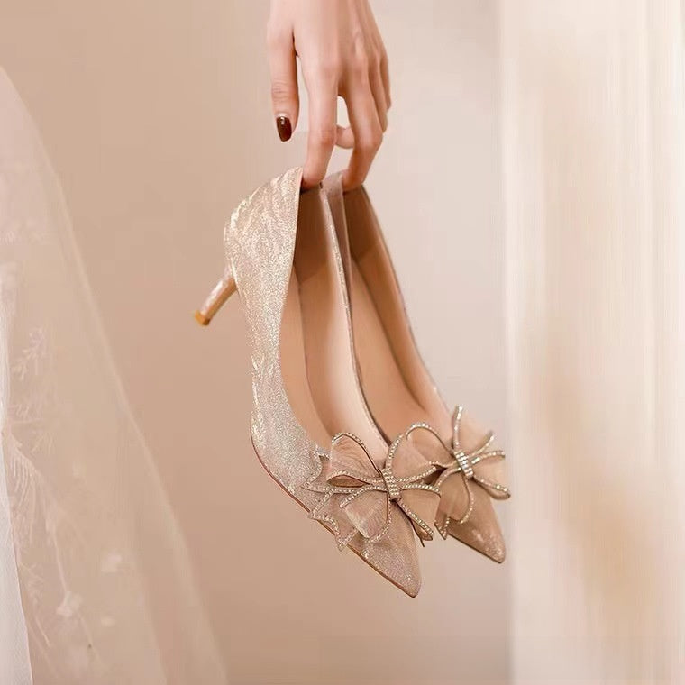 Champagne Gold Shimmer Stiletto Pumps with Crystal Bow Detail | Pointed Toe Luxury Heels for Women | Bridal Wedding Prom Evening Shoes