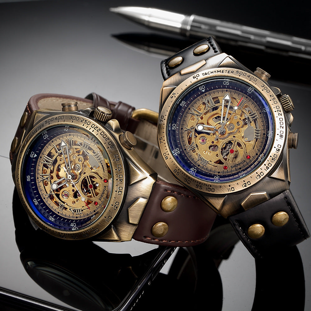 Shenhua Bronze Skeleton Automatic Mechanical Watch Brown Leather Tachymeter Bezel | Men Vintage Steampunk Transparent Dial Luxury Wrist Watch