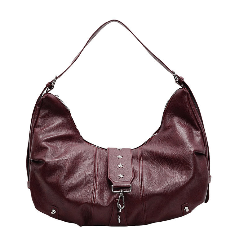 Black Leather Hobo Bag with Star Studs | Slouchy Shoulder Bag with Zip Detail