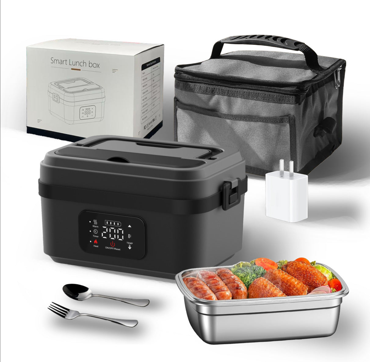 Electric Lunch Box Food Heater with LCD Display Timer & Carry Bag - Portable Self Heating Bento Box Stainless Steel Container for Work