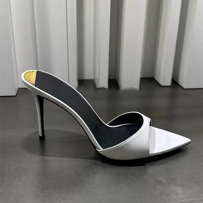 Black Patent Leather Single Strap Pointed Toe Stiletto Mule Heels | Women's Minimalist Slip-On High Heel Shoes