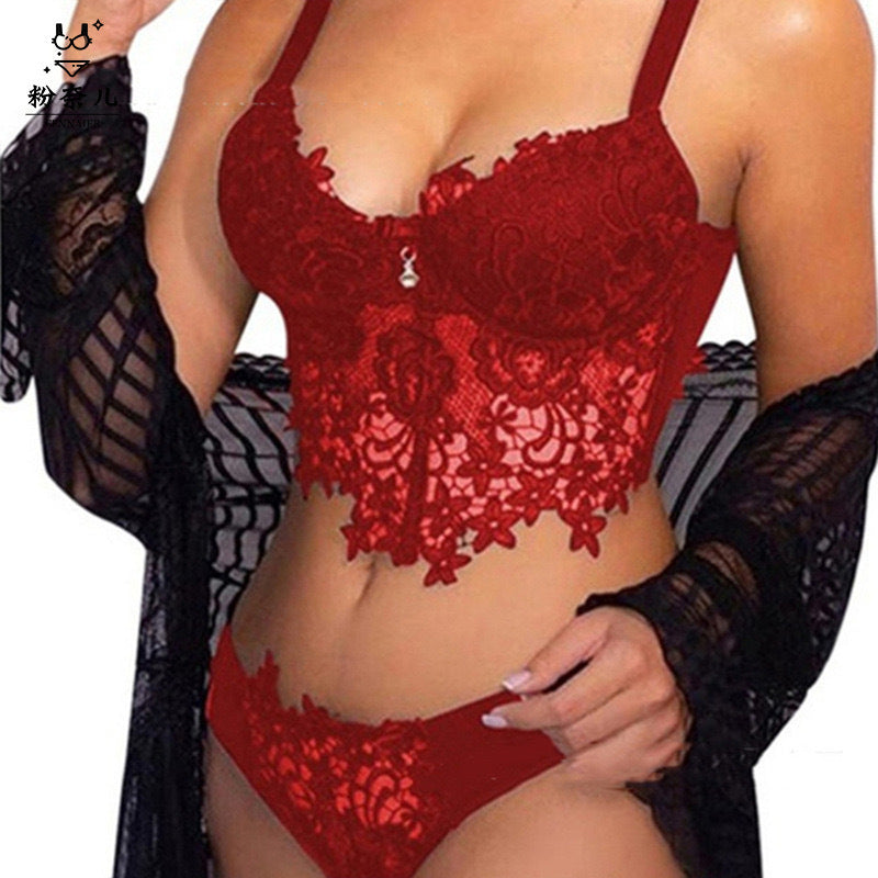 Floral Lace Longline Bra & Panty Set | Sheer Embroidered Bustier Lingerie | Sexy Underwire Set in 4 Colors