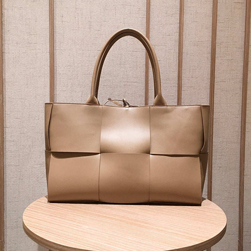 Women's Genuine Leather Woven Tote Bag - Large Intrecciato Weave Handbag in Tan Cognac Brown - Luxury Structured Top Handle Shopper Bag - Designer Inspired Everyday Work Bag