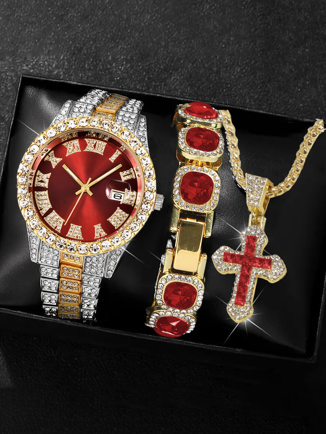 Men's Iced Out Green Emerald Watch Bracelet & Cross Necklace Set | Gold CZ Diamond Hip Hop Jewelry Gift Box