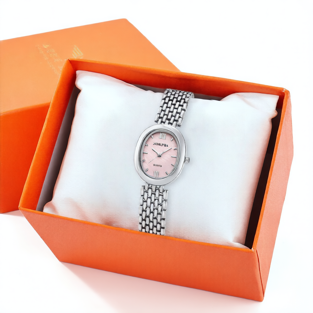 Oval Mother of Pearl Watch Women | Blue Shell Dial Roman Numerals | Silver Brick Bracelet | Elegant Quartz Dress Watch