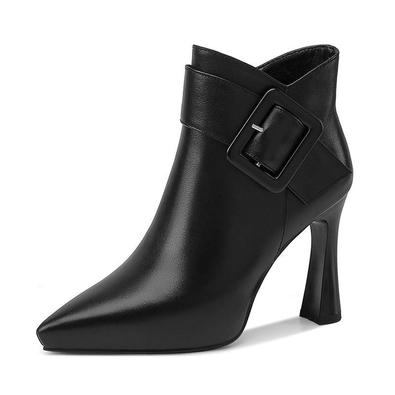 Black Leather Pointed Toe Stiletto Ankle Boots with Oversized Square Buckle Strap & Sculptural Flared Heel | Luxury Women's Boots