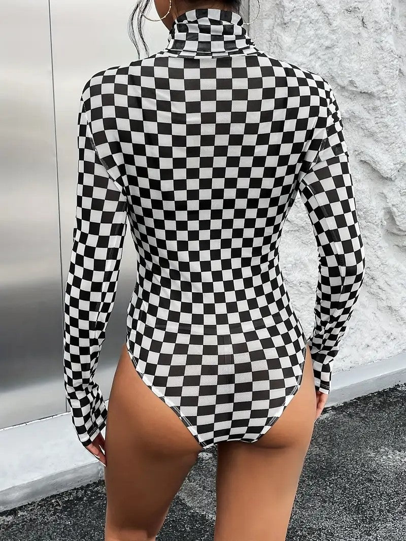 Black White Checkered Bodysuit | Long Sleeve Turtleneck High Cut | Retro Racing Print Thong Bodysuit Women
