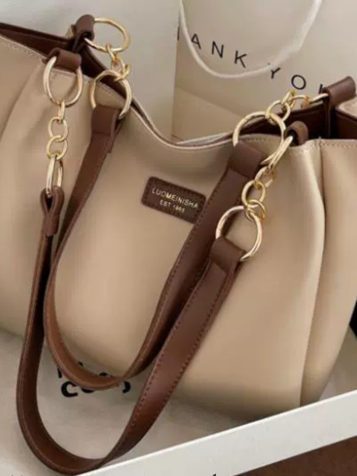 Beige Leather Tote Bag with Brown Straps & Gold Chain Detail | Two-Tone Shoulder Bag
