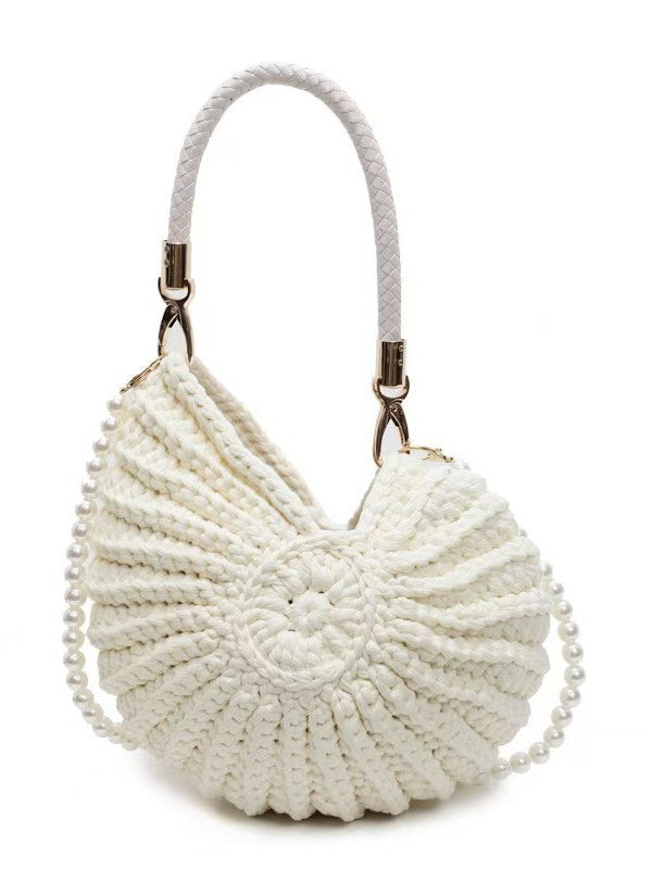 Handmade Crochet Knit Handbag | Boho Round Top Handle Bag with Pearl Strap ? Multiple Colors