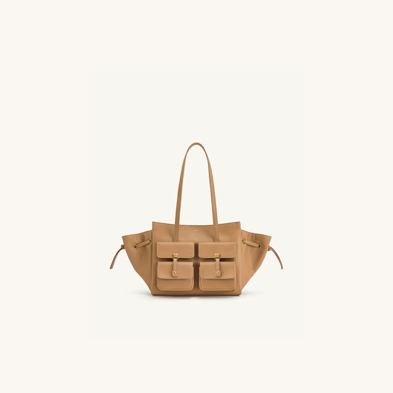 JW PEI Linda Genuine Leather Shoulder Tote Bag Camel Beige Tote Bag with Front Pockets | Wing Tote Shoulder Bag Leather