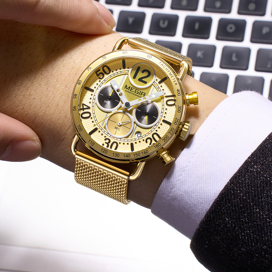 MEGIR Chronograph Men's Watch | Sky Blue Dial Gold Mesh Bracelet Tachymeter Multifunction Sport Luxury Timepiece