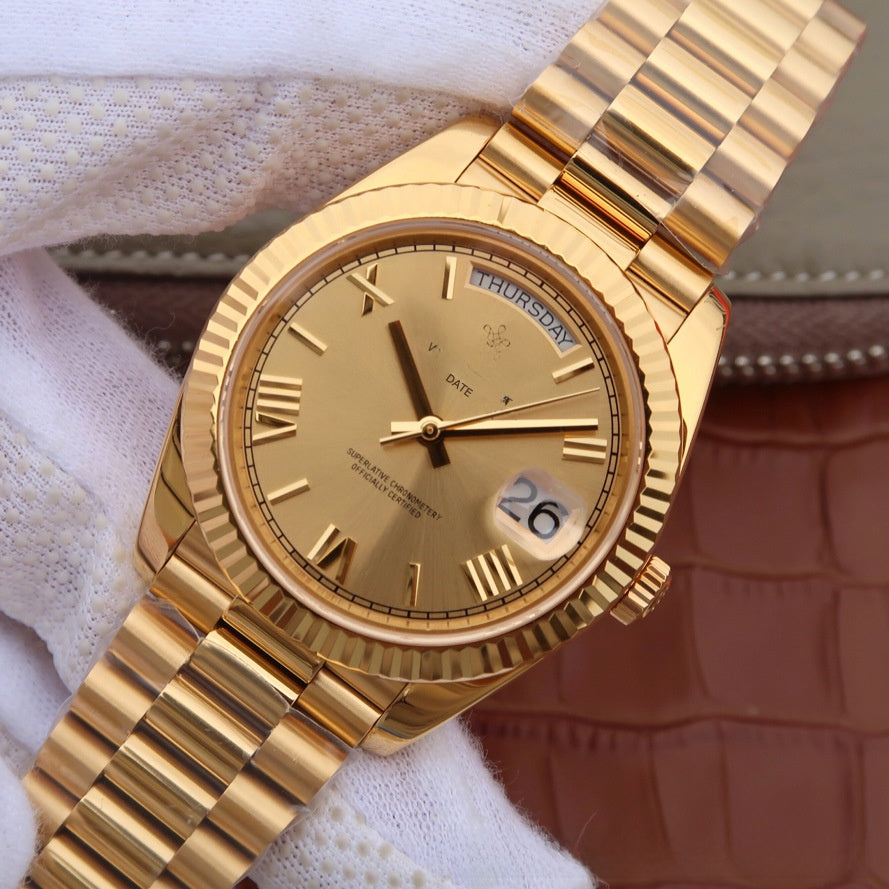 LGXIGE Men's Gold Day-Date Watch | Champagne Dial Fluted Bezel Presidential Bracelet Roman Numeral Luxury Watch