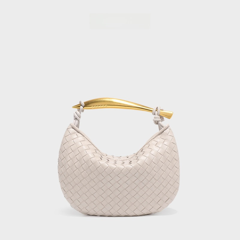 Burgundy Woven Leather Hobo Bag with Gold Handle | Intrecciato Crescent Shoulder Bag