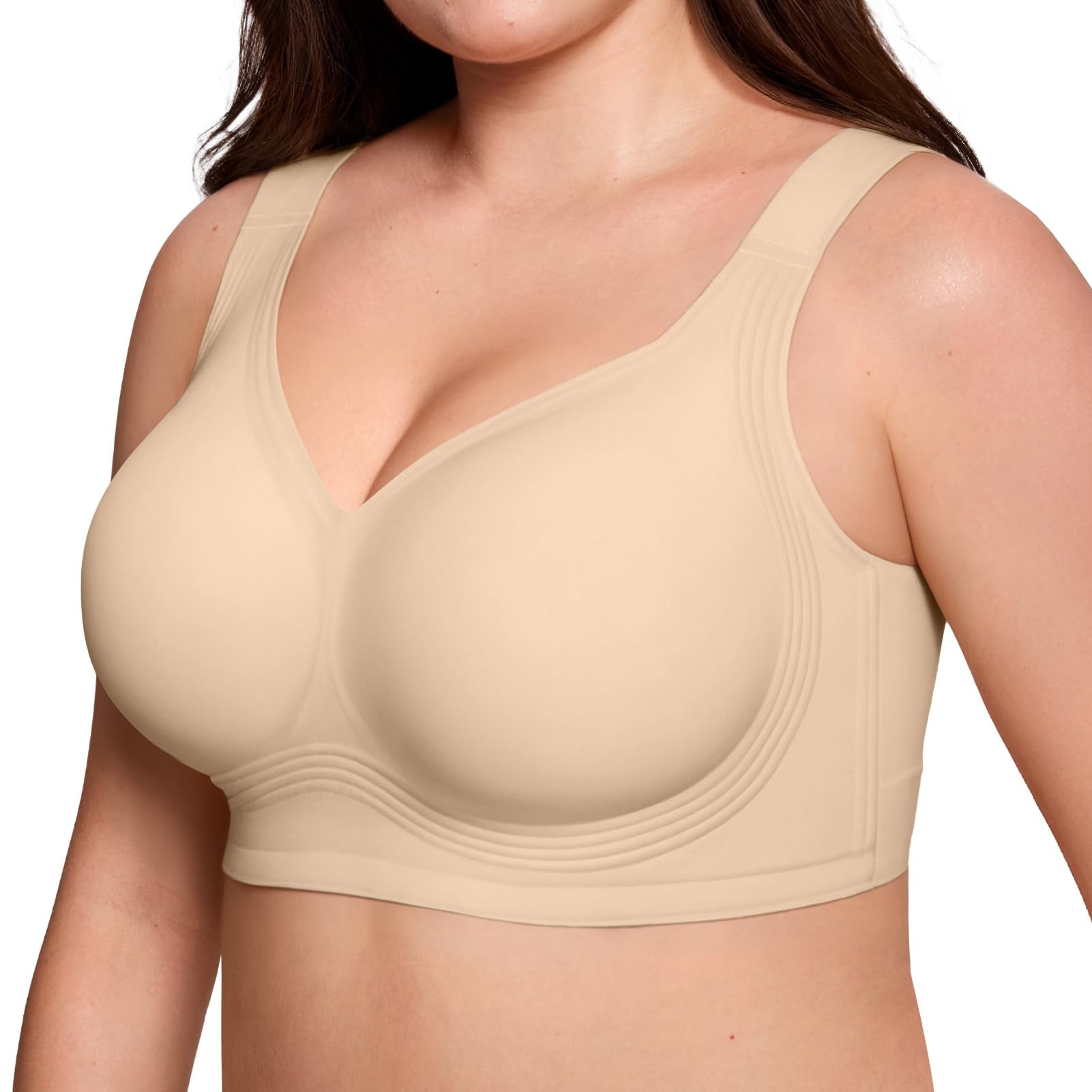 Women's Nude Seamless Wireless Bra with Wide Straps and Full Coverage Molded Cup for Everyday Comfort