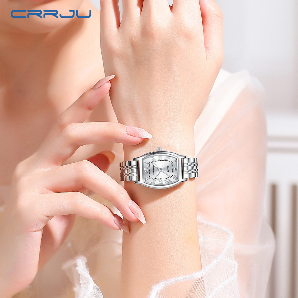 ساعة CRRJU النسائية بلون الذهب الوردي بتصميم برميل | ساعة كوارتز فاخرة بأرقام رومانية حمراء 
