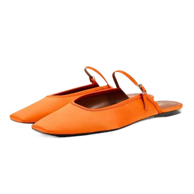 Zara Satin Square Toe Mule Flats | Black White Gold Orange Slip-On Flat Shoes for Women