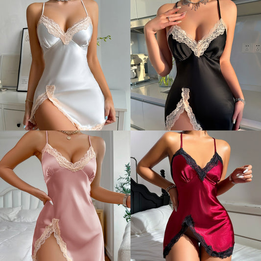Women's Black Satin Cream Lace Trim Mini Slip Nightgown Sexy Deep V Neck Front Slit Bodycon Sleep Dress Chemise