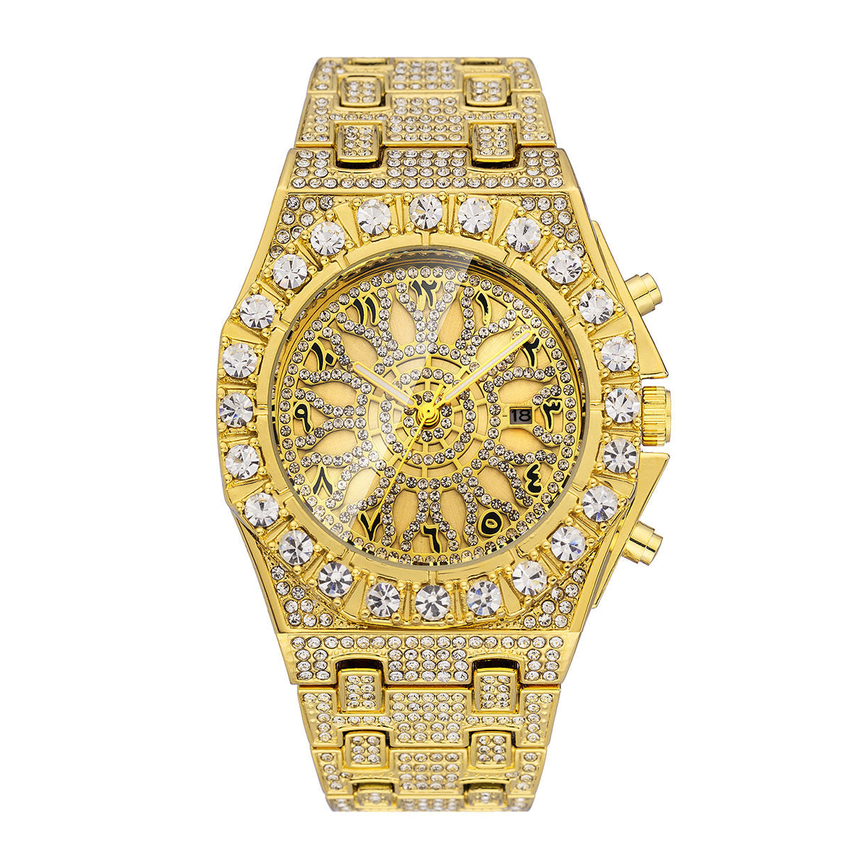 Men's Iced Out Gold Watch | Full Diamond CZ Arabic Numeral Dial | Luxury Hip Hop Skeleton Bezel | Bling Rapper Watch with Date | UAE