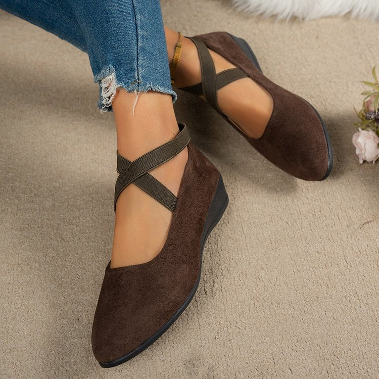 Womens Black Suede Wedge Shoes Cross Elastic Ankle Strap Closed Toe Low Heel Comfortable Slip On Pumps for Casual Office and Formal Wear