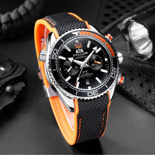Paulareis Automatic Professional Diver Chronograph Watch | ZrO2 Co-Axial Master Chronometer 600m | Black & Orange Rubber Strap Men's Watch