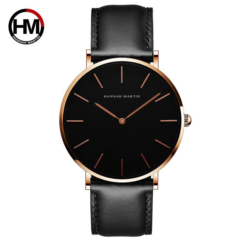 Hannah Martin Minimalist Watch | Black Dial Leather Strap | Ultra Thin Silver Case | Unisex Quartz Dress Watch
