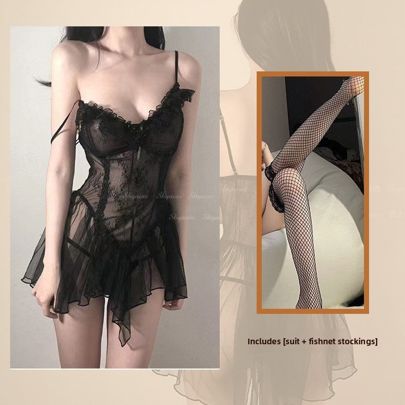 Women's Black Lace Corset Mesh Ruffle Mini Slip Dress ? Sexy Sheer Boned Babydoll Nightgown Lingerie