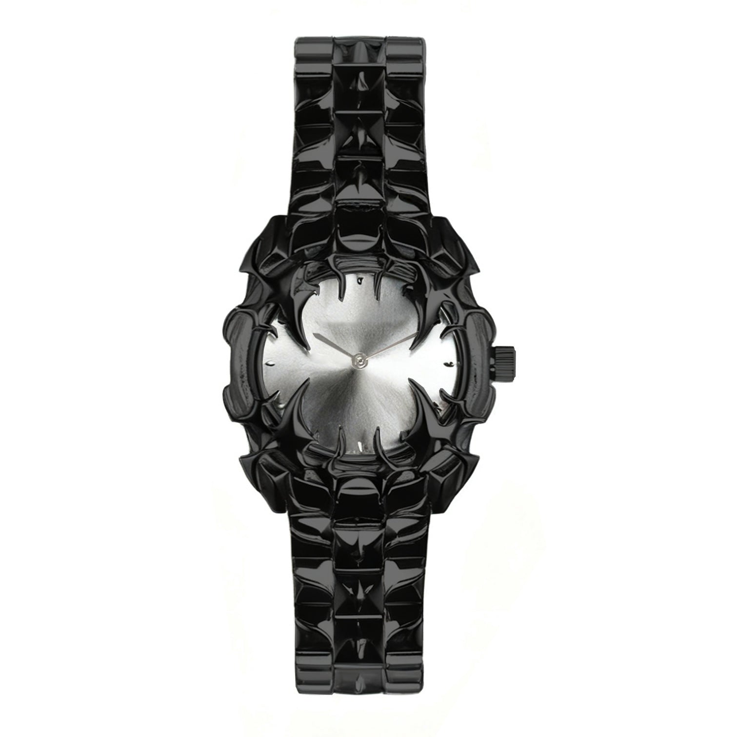 Gothic Black Thorn Spike Watch for Men | Red Dial Dark Luxury Stainless Steel Quartz Timepiece