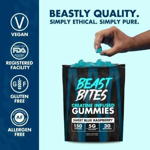 Beast Bites Creatine Infused Gummies Sweet Blue Raspberry | 5g Creatine per Serving | 150 Gummies 30 Servings