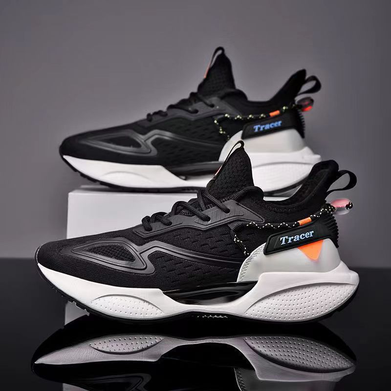 Tracer Men's White Chunky Sneakers | Orange Accent Mesh Running Shoes | Lightweight Cushioned Athletic Trainers